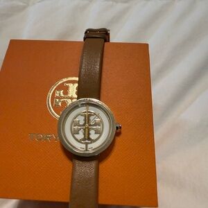 Tory Burch Brown Leather Logo-Accent Women's Watch double wrap band.
